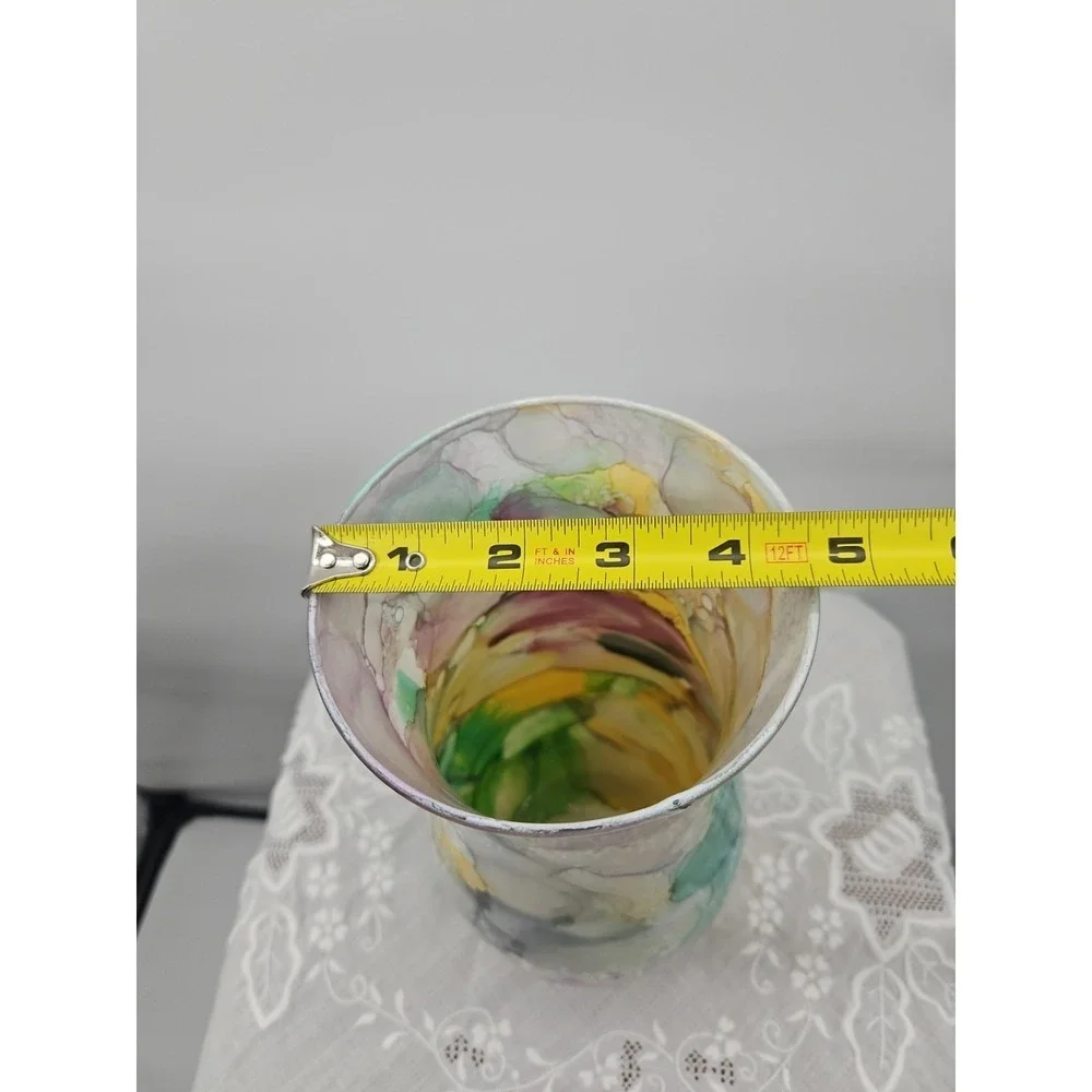 Unique Art Glass Vase Swirls Purple Green Yellow Abstract Design Accent‎ Decor